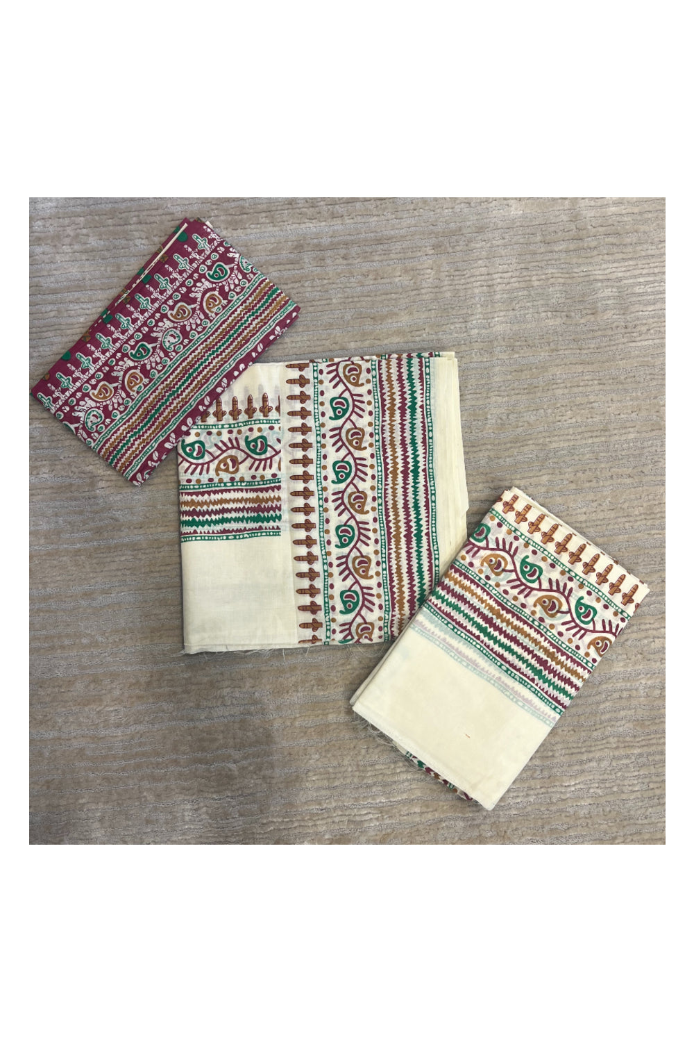 Southloom Pure Cotton Mulloth Set Mundu with Warly Print (Purple Printed Blouse Piece)