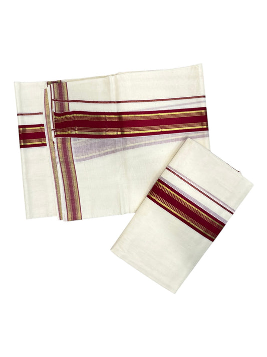 Southloom Kerala Cotton Single Set Mundu (Mundum Neriyathum) with Kasavu and Maroon Border 2.80 Mtrs