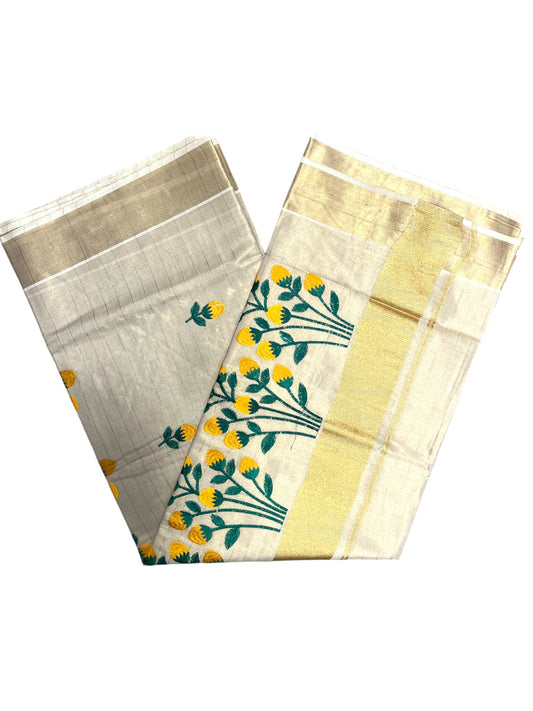 Southloom Tissue Kerala Kasavu Saree with Floral Embroidery Design in Yellow