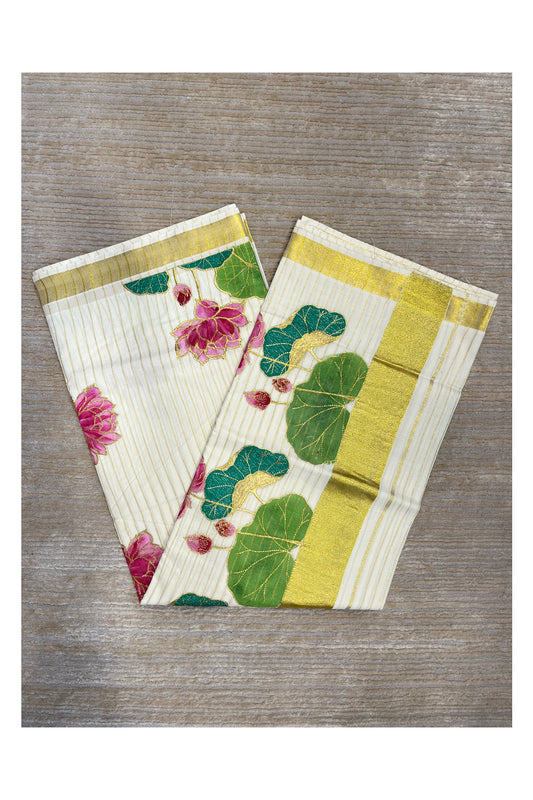 Southloom Cotton Kerala Kasavu Saree with Hand Painted Embroidery Lotus Design