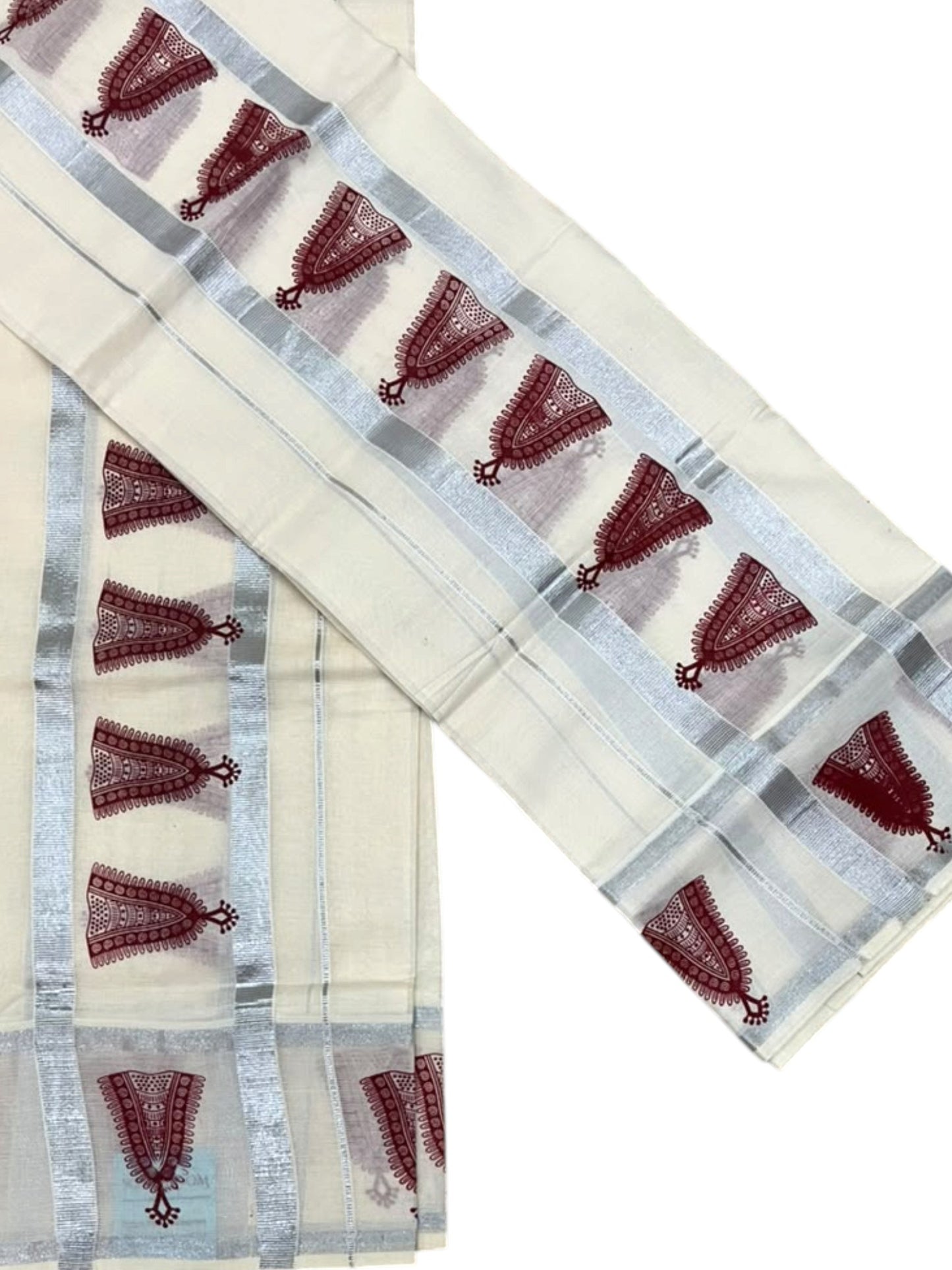 Southloom Pure Cotton Kerala Single Set Mundu (Mundum Neriyathum) with Maroon Printed And Silver Border 2.80 Mtrs