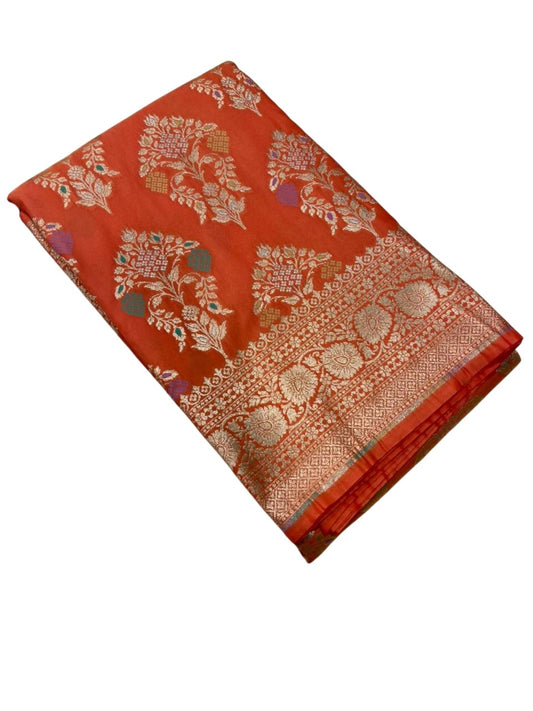 Southloom Pure Banarasi Silk Saree with Woven Work on Body and Borders (Orange)