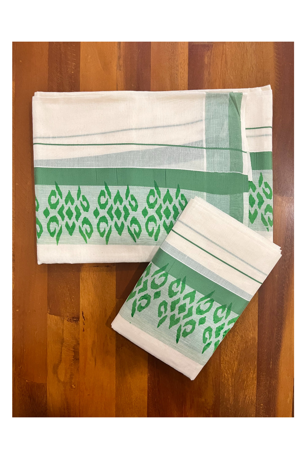 Kerala Cotton Kerala Single Set Mundu with Light Green Block Printed B