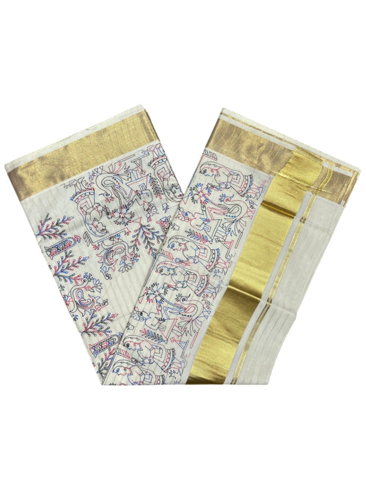 Southloom Cotton Kerala Kasavu Lines Saree with Kantha Embroidery Work on Body SL322
