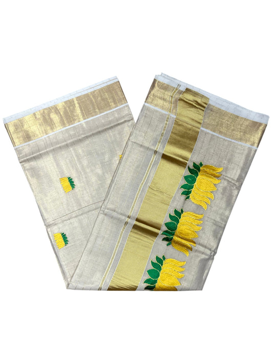 Southloom Tissue Kerala Kasavu Lines Saree with Lotus Embroidery Design in Yellow