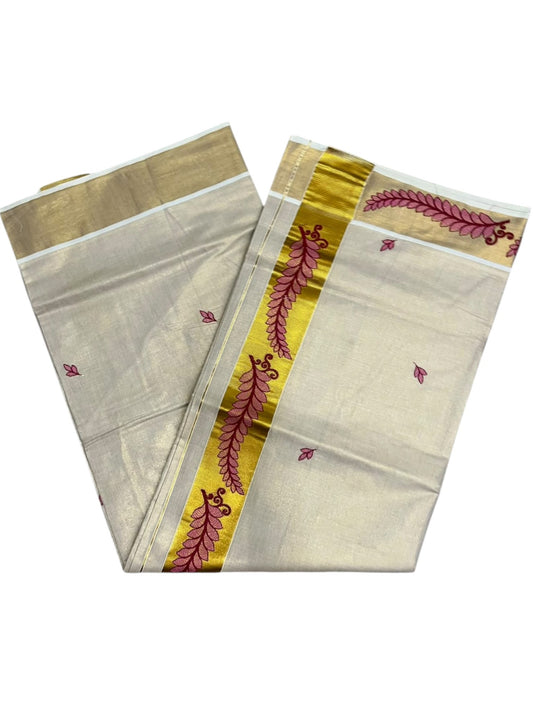 Southloom Tissue Kerala Kasavu Saree with Floral Embroidery Design On Border