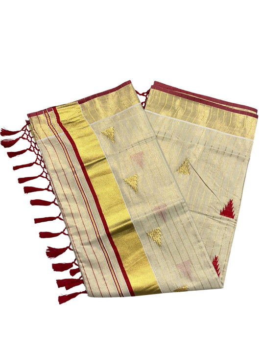 Kerala Tissue Kasavu Stripes Saree with Red and Gold Temple Embroidery Design on Body