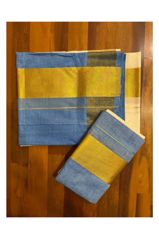 Southloom Tie & Dye - Half & Half Multi Colour Blue Design Set Mundu (Mundum Neriyathum) with Super Soft Cotton