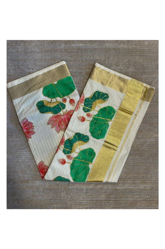 Southloom Cotton Kerala Kasavu Saree with Hand Painted Embroidery Lotus Design