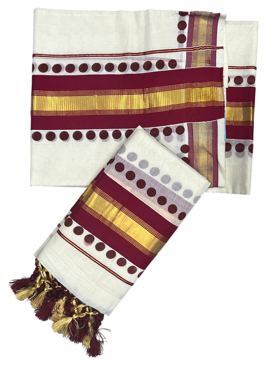 Southloom Kerala Cotton Kasavu Single Set Mundu (Mundum Neriyathum) with Maroon Border With Polka Dots SLKK