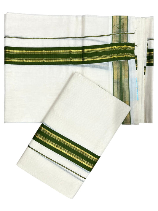 Southloom Kerala Cotton Single Set Mundu (Mundum Neriyathum) with Kasavu and Olive Green Border in 2.80 Mtrs SLKK SL470