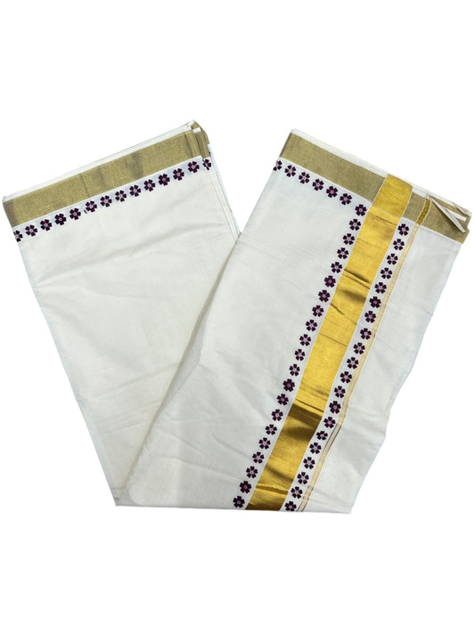 Southloom Cotton Kerala Kasavu Saree with Block Printed Design on Borders and Kara