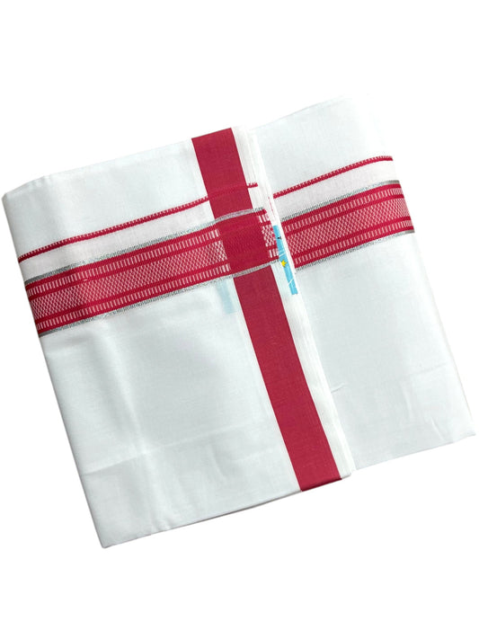 Southloom Pure White Cotton Mundu with Silver Line & Dark Pink Border (South Indian Kerala Dhoti)