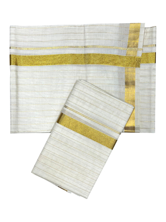 Southloom Pure Cotton Kerala Kasavu Set Mundu (Mundum Neriyathum) Kasavu Border and Lines on Body in 2.80 Mtrs SL338