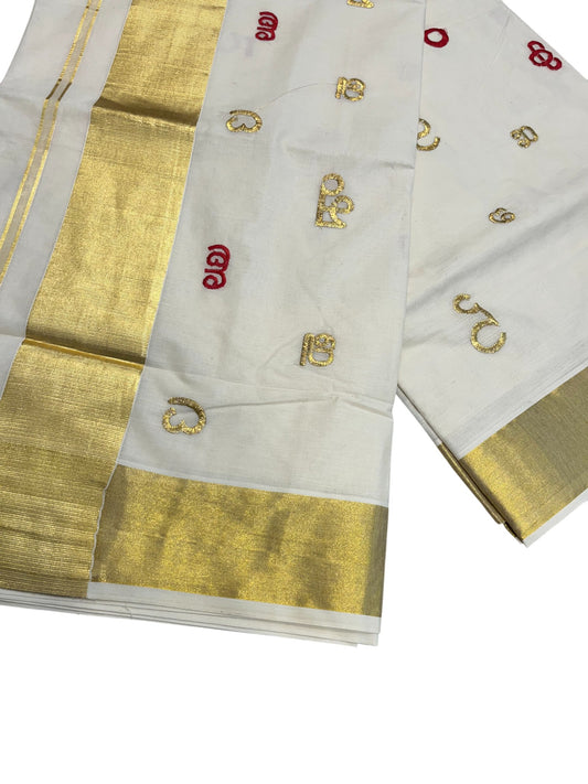 Southloom Kerala Cotton Kasavu Saree with Gold and Red Malayalam Aksharamala Embroidery Work on Body