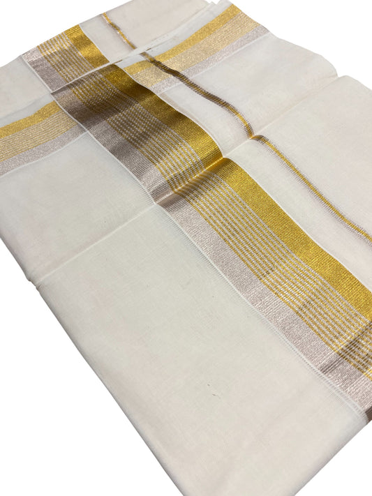 Southloom Premium Handloom Cotton Double Mundu with Gold And Silver Lines Kasavu Border