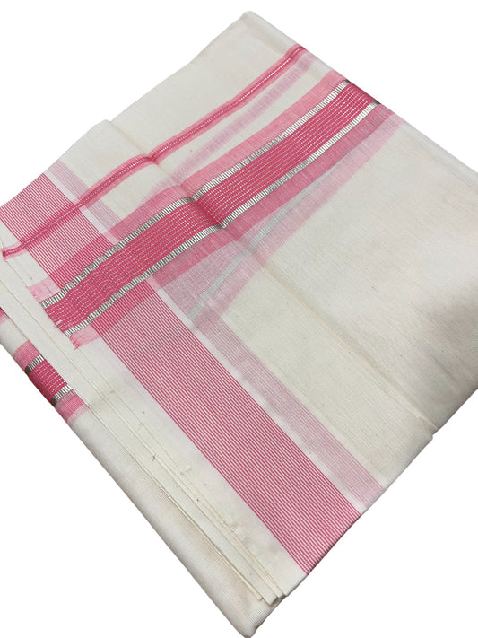 Southloom Kerala Pure Cotton Double Mundu with Silver Lines & Pink Border (South Indian Dhoti)