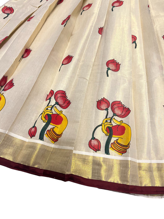 Southloom Semi Stitched Tissue Printed Dhavani Set with Pavada and Maroon Blouse Piece