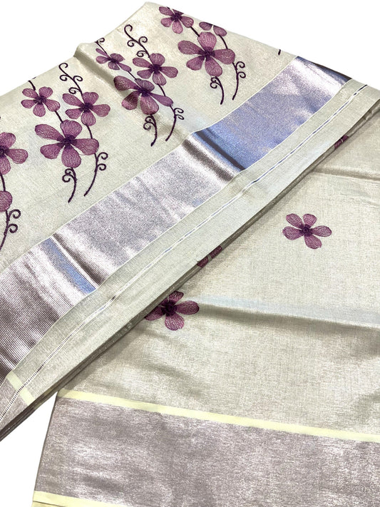 Southloom Kerala Tissue Kasavu Saree with Lavendar Floral Embroidery on Body and Border