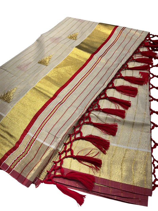 Kerala Tissue Kasavu Stripes Saree with Red and Gold Temple Embroidery Design on Body