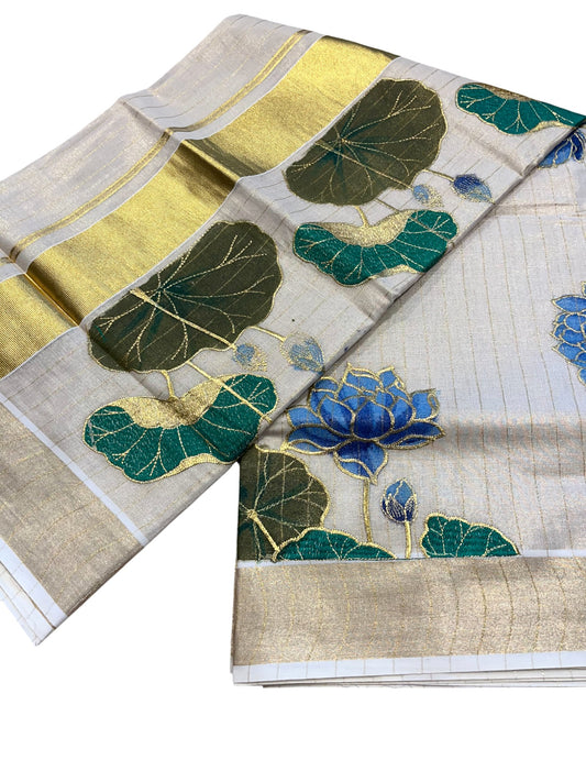 Southloom Tissue Kerala Kasavu Saree with Hand Painted Embroidery Blue Lotus Design