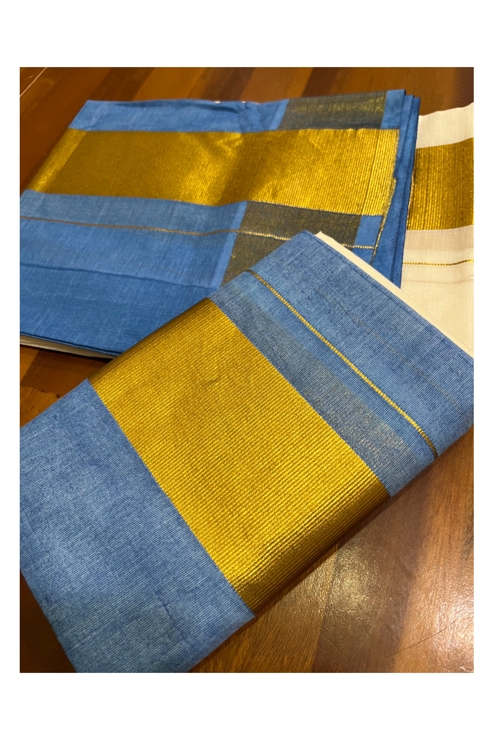 Southloom Tie & Dye - Half & Half Multi Colour Blue Design Set Mundu (Mundum Neriyathum) with Super Soft Cotton