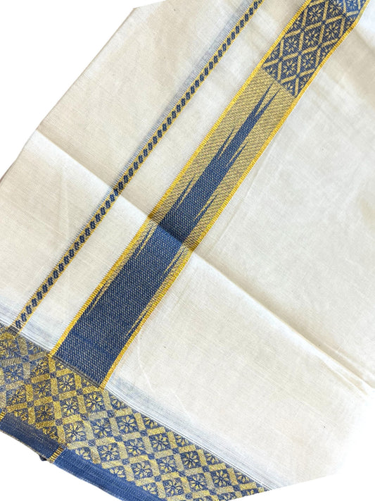 Southloom Kerala Pure Cotton Double Mundu with Kasavu Kara and Blue Border (South Indian Dhoti)