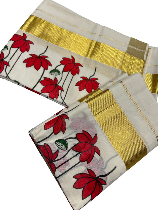 Southloom Kerala Cotton Single Set Mundu (Mundum Neriyathum) with Red Floral Block Printed Design 2.80Mtrs