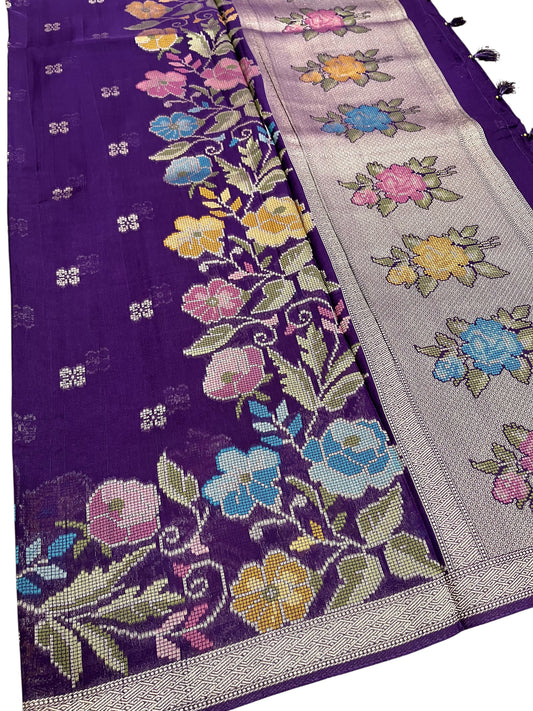 Southloom Banarasi Silk Saree with Woven Work on Body and Borders (Violet & Brick Red)