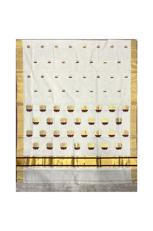 Southloom Premium Cotton Handloom Kerala Kasavu Saree with Woven Lotus Work