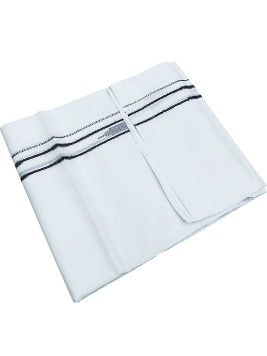 Southloom Pure White Cotton Mundu with Black & Silver Line Border (South Indian Kerala Dhoti)