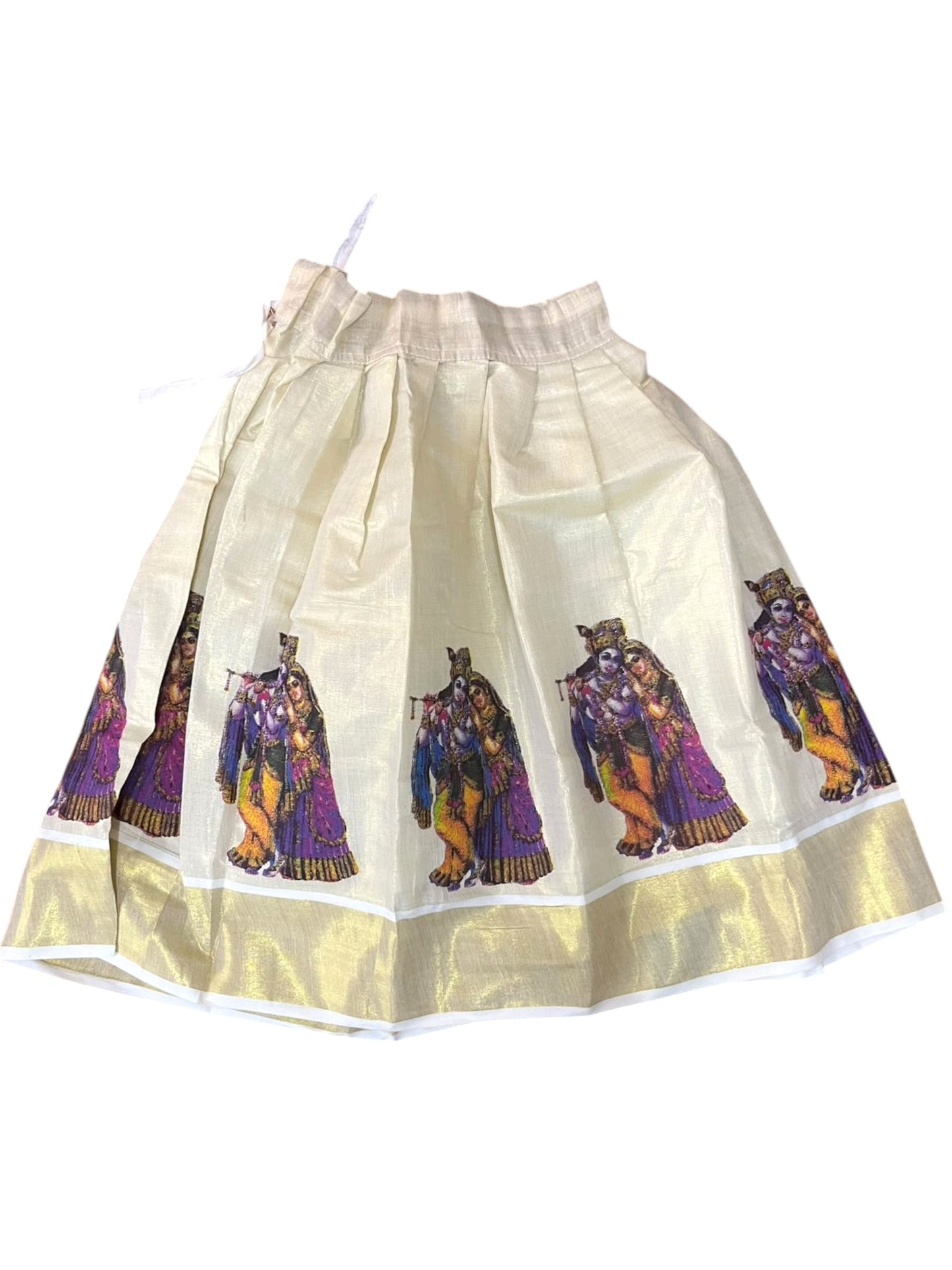 Southloom Kerala Tissue Kasavu Krishna Radha Digital Printed Pavada & Blouse with for Kids
