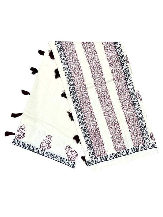 Southloom Kerala Cotton Saree with With Floral Digital Prints on Maroon& Blue Borders SL521