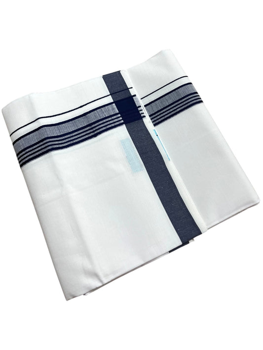 Southloom Pure White Cotton Mundu with Blue Lines Border (South Indian Kerala Dhoti)