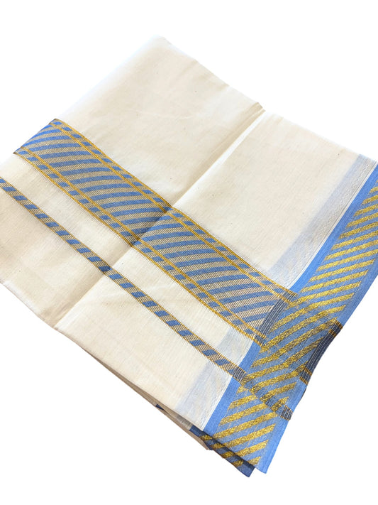 Southloom Off White Cotton Single Mundu with Ksavu and Kara Blue Border (South Indian Dhoti)