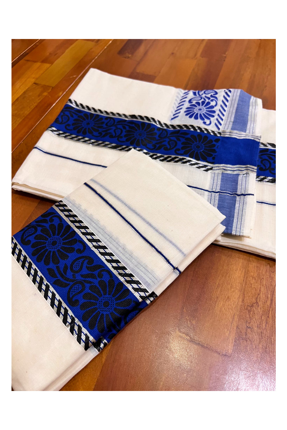 Kerala Pure Cotton Set Mundu Single (Mundum Neriyathum) with Black Block Prints on Blue Border and Silver Kasavu - 2.80Mtrs