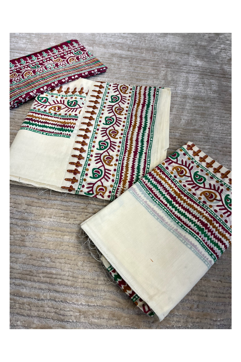 Southloom Pure Cotton Mulloth Set Mundu with Warly Print (Purple Printed Blouse Piece)