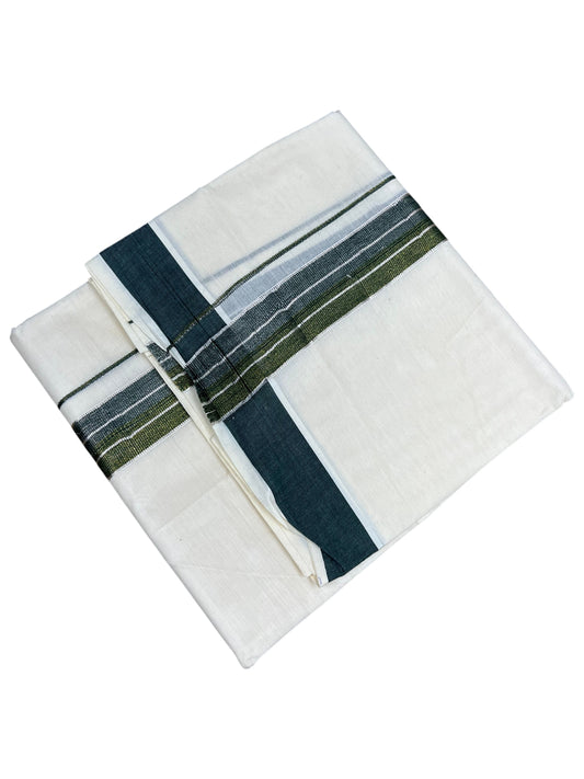 Southloom Pure Cotton Mundu with Silver Lines and Black&Green Border (South Indian Kerala Dhoti)