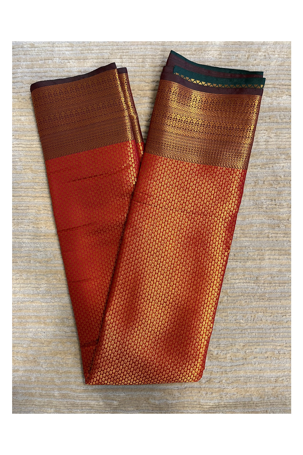 Southloom Banarasi Silk Brocade Bridal Saree WIth Woven Borders And Blouse Piece in Gold And Red