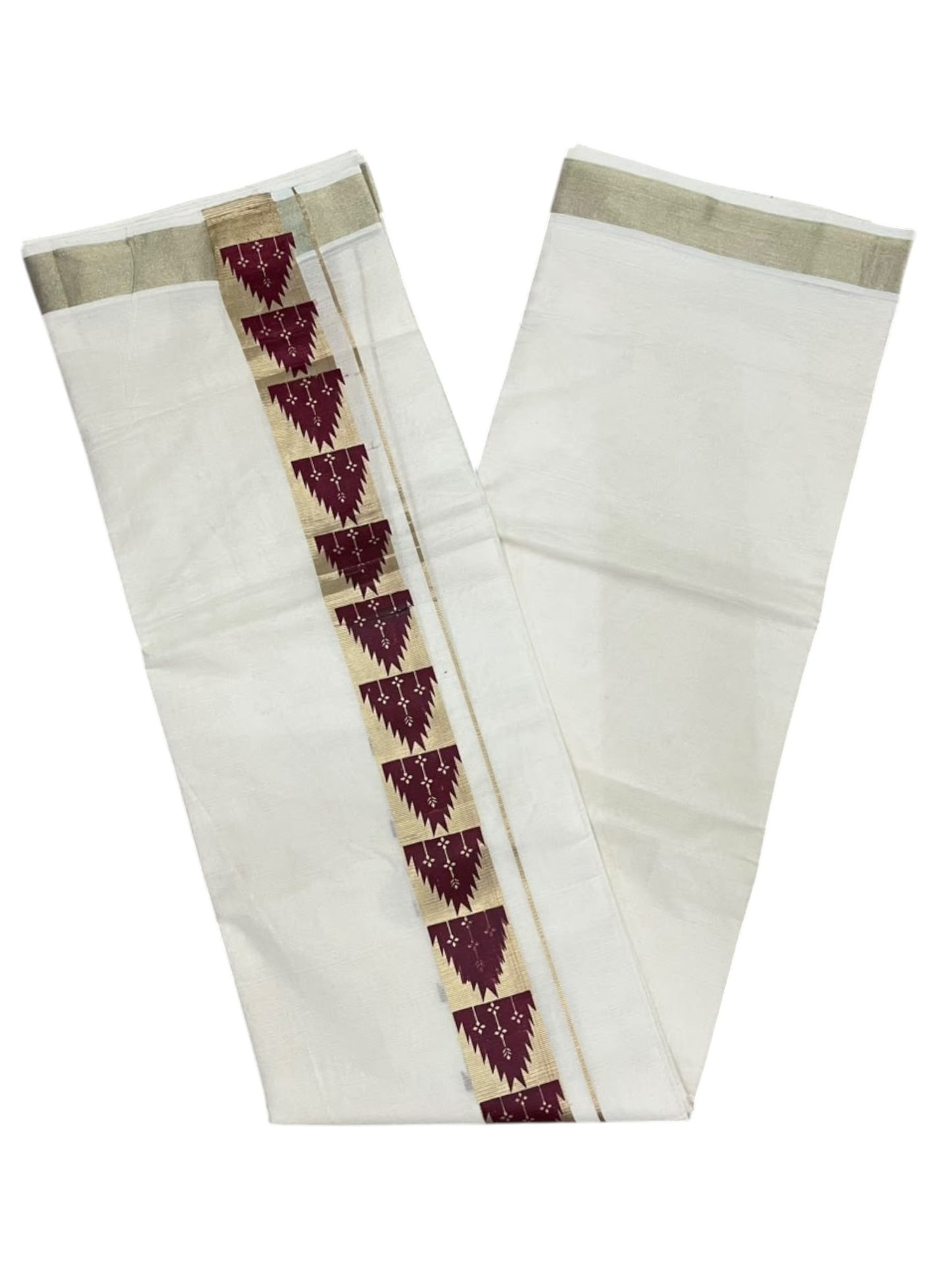 southloom Pure Cotton Double Mundu with Block Prints on Maroon Border (South Indian Dhoti)SL613
