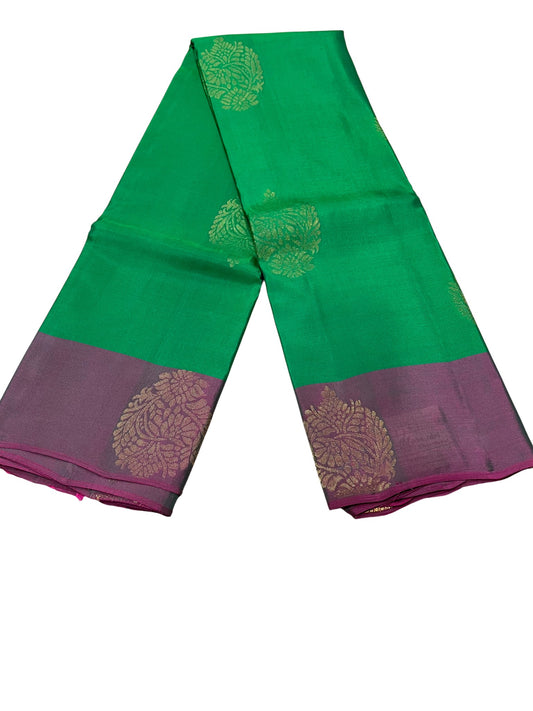 Southloom Pure Handloom Kanchipuram Silk Saree with Butta Work (Green & Magenta)