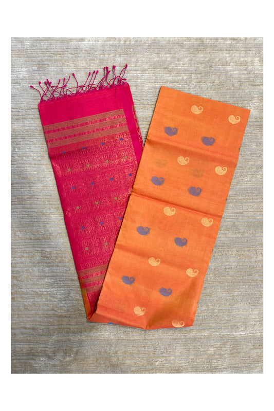 Southloom Pure Handloom Cotton Silk Saree With Handwoven Work Across Body and Blouse in Orange And Pink