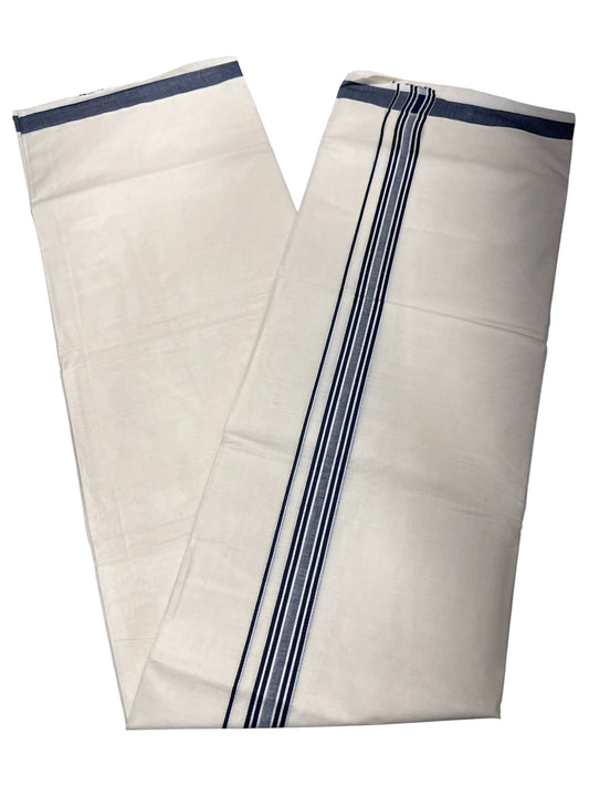 Southloom Pure Cotton Double Mundu With White Lines & Blue Border (South Indian Kerala Dhoti)