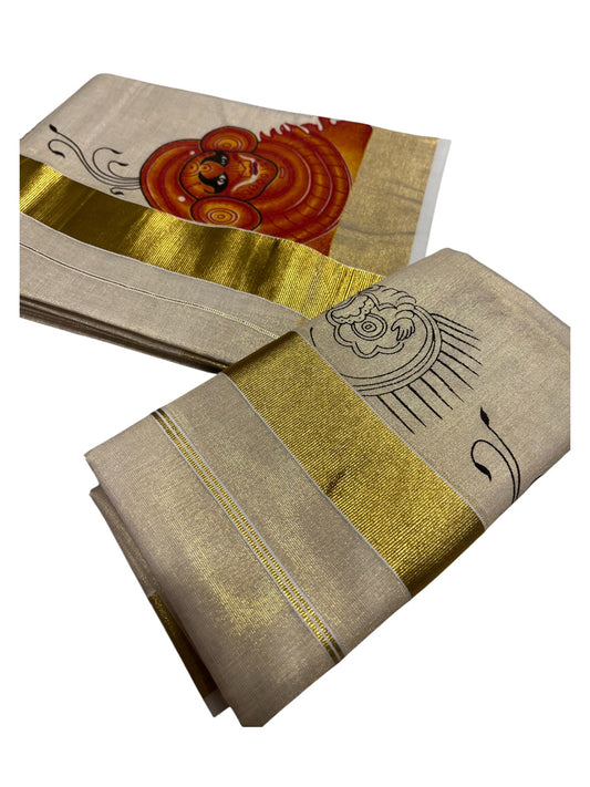 Southloom Kerala Tissue Set Mundu (Mundum Neriyathum) with Theyyam Printed Design