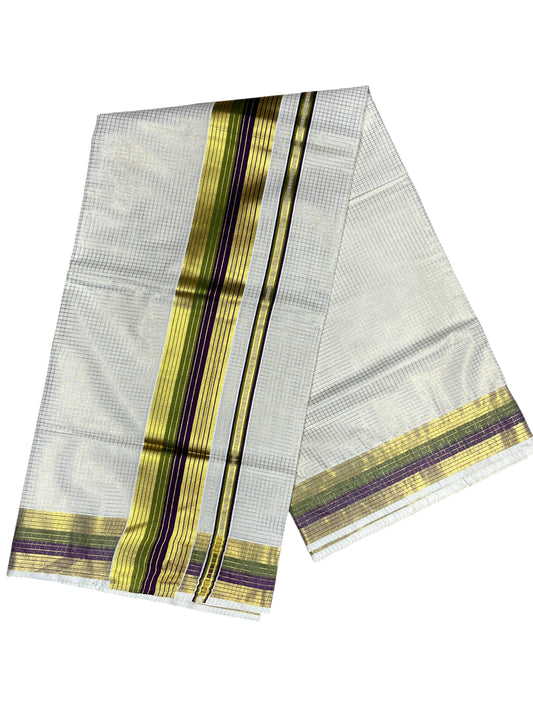 Southloom Kerala Cotton Kasavu Saree with Micro Check Design on Body in Purple & Olive Green Border