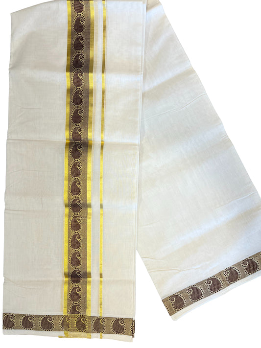 Southloom Premium Balaramapuram Handloom Wedding Mundu with Brown and Kasavu Woven Border (South Indian Kerala Dhoti)