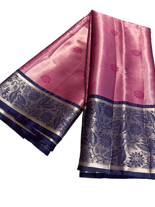 Southloom Tissue Silk Saree with Woven Work on Body and Borders (Blue & Magenta)