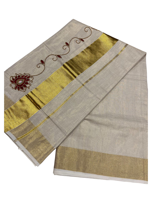 Kerala Tissue Kasavu Saree with Floral Embroidery and Sequins Work on Body