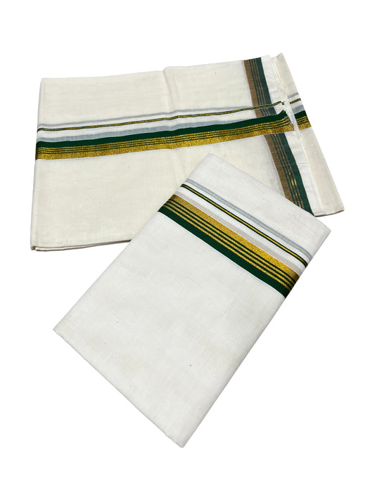 Pure Cotton Kerala Single Set Mundu (Mundum Neriyathum) with Green Kasavu Border