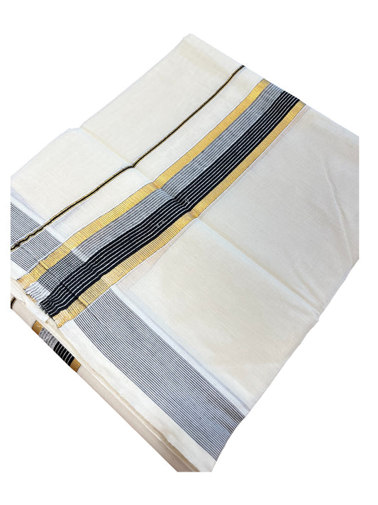 Southloom Pure Cotton Double Mundu With Gold Kasavu & Black& Gray Lines Border (South Indian Kerala Dhoti)